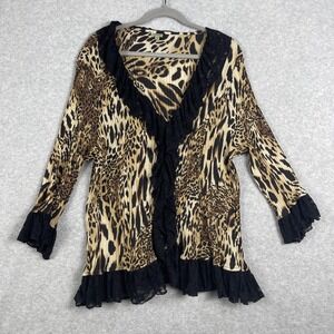 Agora Leopard Crinkle Blouse Ruffle Lace Trim Womens 3X Mob Wife Y2K Glam Boho
